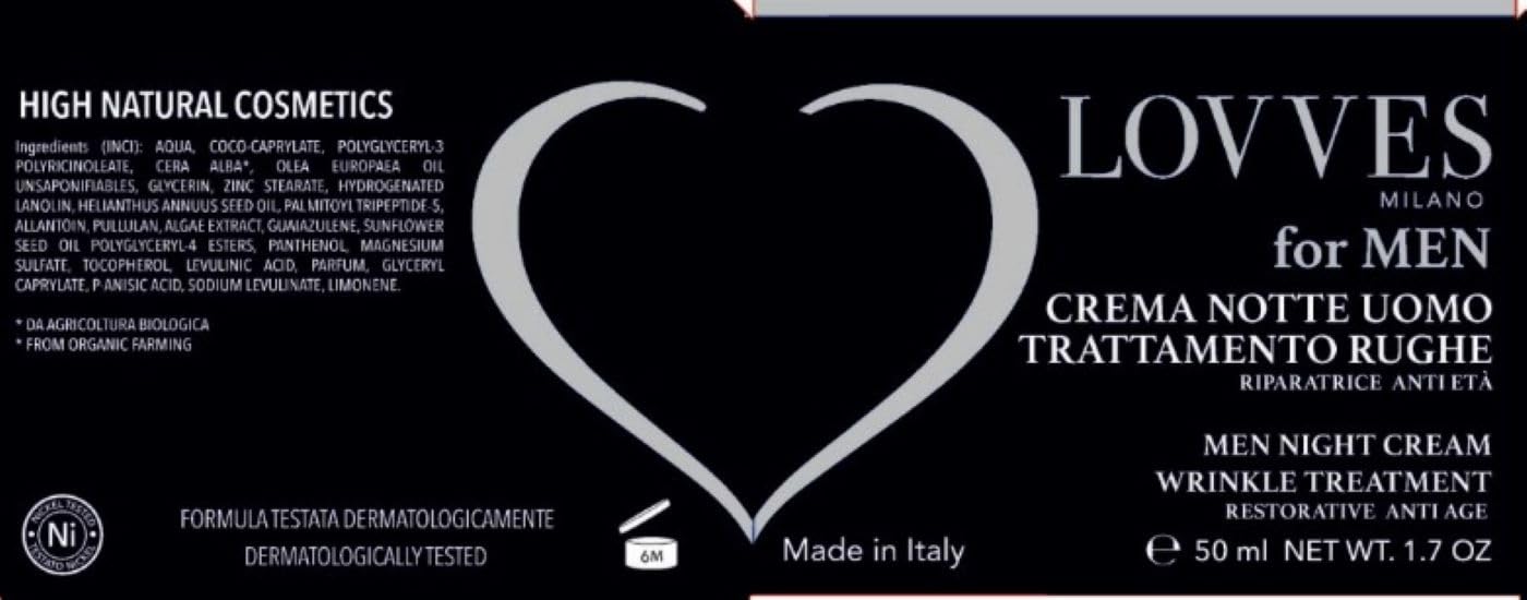 LOVVES Crema de Noche Antiarrugas para Hombre, Alta Cosmética Natural, Repara la piel, Antioxidante y Regeneradora, Previene el Envejecimiento Prematuro, Absorción Rápida, 50ml