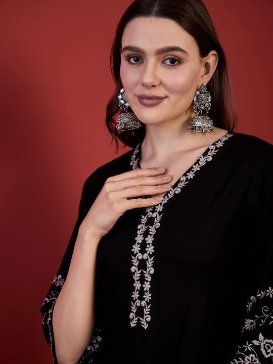 Image of MAHIRA'S Comfort Women's Short Kurti, Rayon Tunic Top with 3 /4 Embroidered Designer Sleeves | Soft Breathable Fabric | Office & Casual Kurti for Jeans, Leggings & Trousers