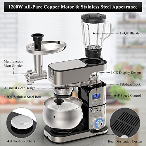 6-In-1 Stand Mixer, 1200W Lcd Display Kitchen Electric Mixer, 6.5Qt Stainless Steel Bowl Mixer, Multi-Function Kitchen Mixer With Dough Hook, Whisk, Beater, Meat Grinder, Blender, Splash Guard #TOP4