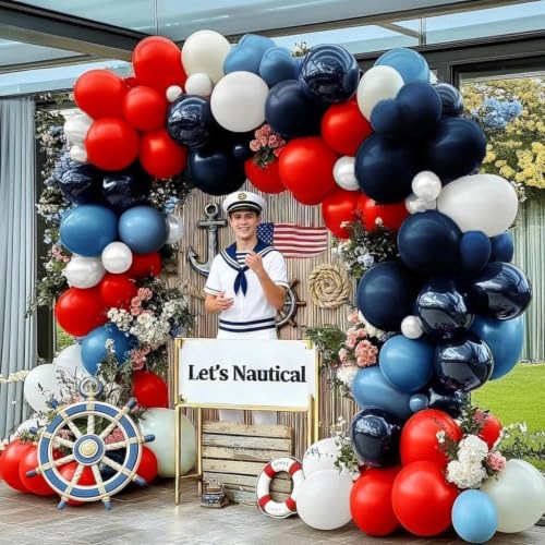 Image of Navy Blue Red White Balloon Arch, Double Stuffed Royal Blue Red White Sand Balloon Garland Kit for Birthday 4th of July Independence Day Patriotic Baby Shower Baseball Nautical Graduation Party Decor