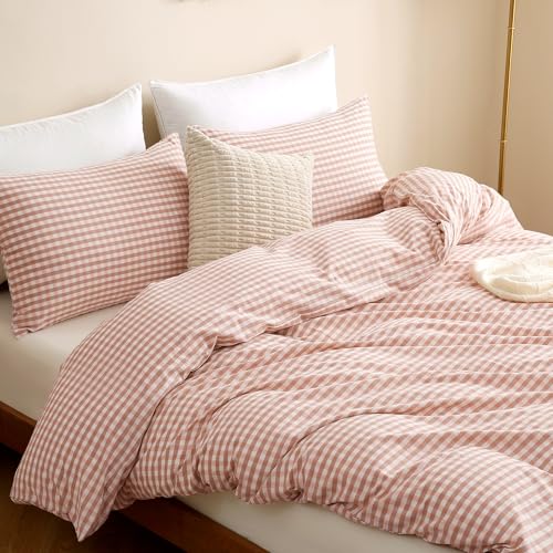 Image of TOCOMOA Pink Tan Gingham Duvet Cover Bedding Set 100% Washed Cotton Like Linen Feel Super Soft Comfy 3 Piece Vintage Plaid Checkered Fall Comforter Cover Set (King 104 inchx90 inch, Comforter Not Included)