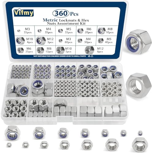 Vifmy Sortimentssatz für metrische Sechskantmuttern und Kontermuttern (360 Stück) M3 M4 M5 M6 M8 M10 M12 verschiedene Sechskantmuttern-Sets aus Edelstahl helles Finish
