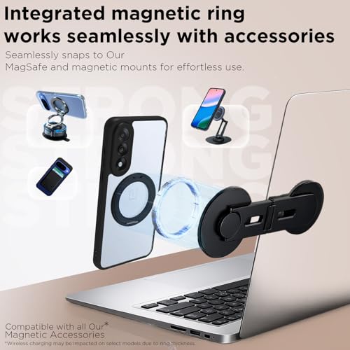 Image of RIGGEAR Shockproof Sleek Hybrid Armor 360 Rotating Magnetic Ring Stand Back Cover Case Compatible with MagSafe Accessories for OnePlus Nord 5 5G (Clear PC + Black TPU Bumper)