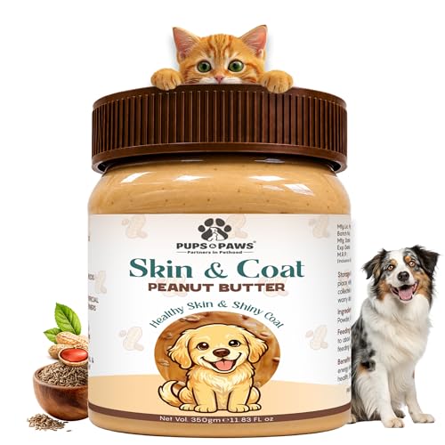 Image of Pups & Paws Skin & Coat Peanut Butter for Dogs, 350g Flax Seed Enriched Dog Treat & Food Topper, Xylitol Free High Protein Training Reward for Puppies & Adult Pets