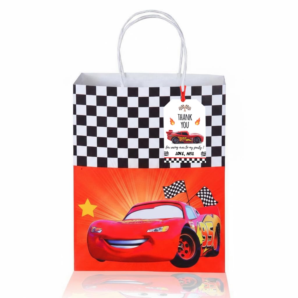 Cars Lightning McQueen theme gift paper bag with personalized tag of birthday Boy/Girl name for kids birthday party, baby shower presents, return gifts - 8"X10"X3" (WXHXG) - Pack of 10-image-12