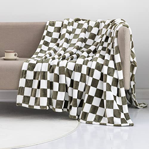 LOMAO Throw Blankets Flannel Blanket with Checkerboard Grid Pattern Soft Throw Blanket for Couch, Bed, Sofa Luxurious Warm and Cozy for All Seasons (Dark Olive, 90"x110")