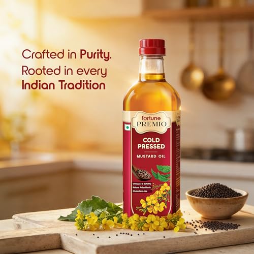 Image of Fortune Premio Cold Pressed Mustard Oil 1L Bottle | Rajasthan Mustard Seeds | Rich in Omega 3 & 6 (PUFA) | Natural Antioxidants | Strong Aroma | Ideal for Frying & Pickles