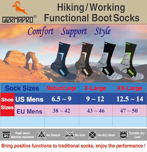 Mens Moisture Wicking Crew Compression Hiking Work Boot Socks w/Anti-Fatigue Germanium Infused + Coolmax Fiber 1/2 Pk4