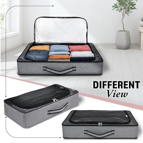 Image of Storite Small Foldable Underbed Storage Bag - Clothes Comforters Breathable Zippered Organizer for Bedroom with Transparent Window and Carry Handles (60x30x15 cm - Grey)