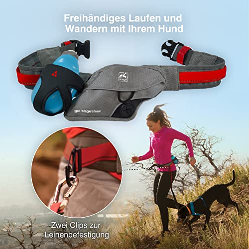 Kurgo Laufgürtel für freihändige Ausflüge mit Ihrem Hund, Mit Wasserflasche und Tasche, Einstellbare Größe, Rot/Grau, 1 Stück (1er Pack)