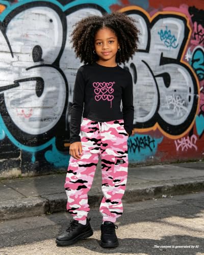 Image of Betusline Girls Fall Winter Clothing Sets, Long Sleeve Crop Top & Cargo Jogger Pants 2 Piece Outfit Sets,4T-14Y
