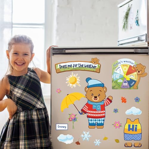 Gilprop 58 Pcs Weather Bulletin Board Set for Classroom 12 x 8 Inch Cute Animal Dress Weather Chart Seasonal Bulletin Board Cutout Decorations for School Preschool Homeschool Wall Decor(Bear)