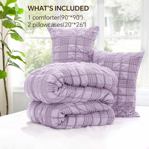 Image of BEDELITE Queen Comforter Set, Seersucker Bedding Set 3 Pieces, Lavender | All Season Use, Machine Washable, Soft and Lightweight, Ruched Comforter for Bedroom, Wrinkle-Resistant, Cozy and Stylish