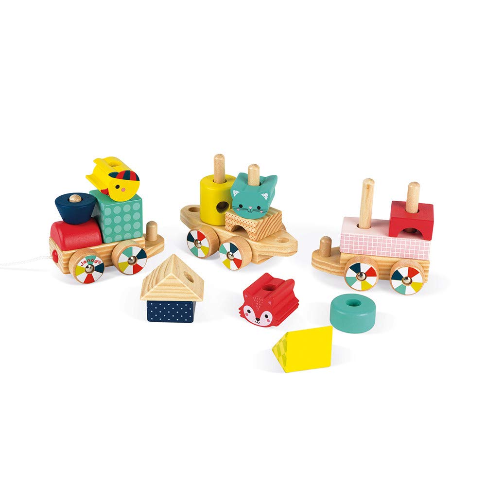 Janod - Baby Forest Treno (Legno), Giocattolo Da Trainare, 17 Blocchi Inclusi, per Imparare Le Forme e I Colori, per Sviluppare la Motricità Fine - Da 1 Anno in su, J08022