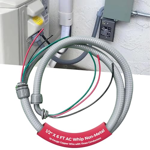 DuctlessAire AC Power Whip Kit - Non Metal AC Whip for HVAC, Mini Split Systems, Outdoor Lighting, Solar Panel and More - Flexible Electrical Conduit Connector - Liquid Tight Connectors (6 ft x 1/2')