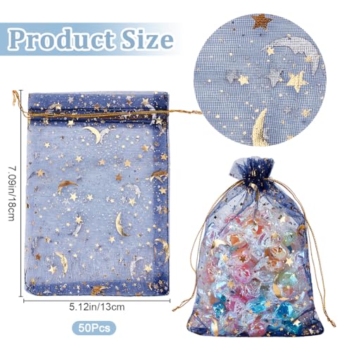 Beebeecraft 50Pcs Organza Bags Gold Stamping Stars Marine Blue Drawstring Mesh Bags Rectangle Candy Gifts Storage Favor Pouches for Christmas Wedding Party Valentine's Day 5x7 Inch - Image 2