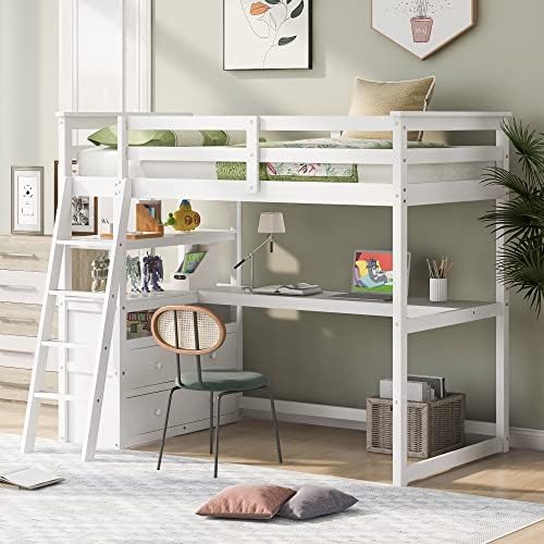 BIADNBZ Twin Size Loft Bed with Desk and Shelves, Stylish Bedframe with Two Built-in Drawers for Kids Teens Bedroom,No Need Spring Box,White