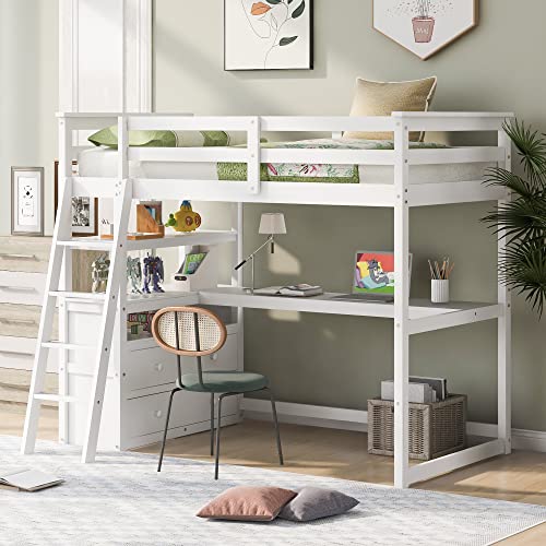 Biadnbz Twin Size Loft Bed With Desk And Shelves, Stylish Bedframe With Two Built-In Drawers For Kids Teens Bedroom,No Need Spring Box,White #TOP1