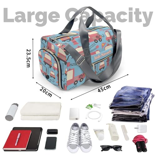 Personalized Red Firetrucks Cute Cars Customized Multi-functional Handbag Travel Bag, Unisex Portable Duffel Bag4