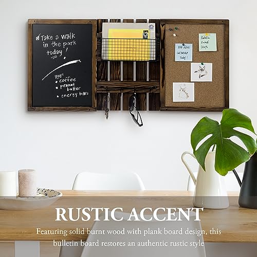 MyGift 3 Panel Wall Mounted Entryway Bulletin Board Combo Set with Rustic Burnt Solid Wood Frame with a Chalkboard, Cork Board, Black Metal Mail Basket, and Hanging Rail - Image 3