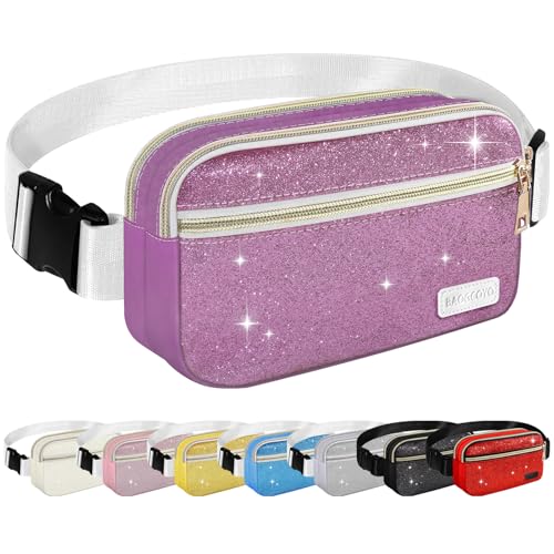 Image of BAOGCOYO Fanny Packs for Women Men Mini Fashion Glitter Waist Packs with Adjustable Strap and 3 Zipper Pockets Everywhere Crossbody Belt Bag for Outdoors Running Travelling (Purple Bling Sparkle)