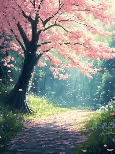 桜 ペイントバイナンバーキット森 Paint by Numbers 塗り絵 キット 大人 数字ぬりえ 大人用数字塗り絵キャンバスクラフト 数字 キャンバスアート ブラシとアクリル絵の具が入, 数字によるアクリル 水彩絵画 オフィス インテリア リビング装飾