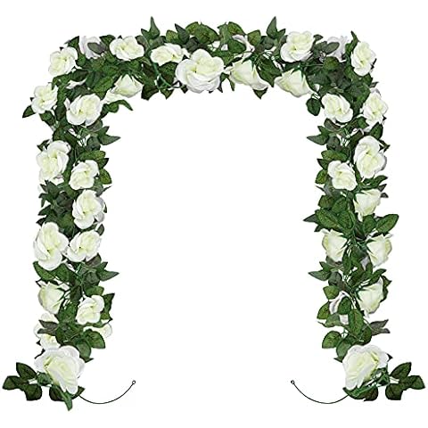 Huryfox 2 Pack Flower Garland Artificial White Rose Garlands Flowers Vine Fake Floral Vines for Wall Birthday Party Wedding Room Decor (7.5 FT X 2) Cover