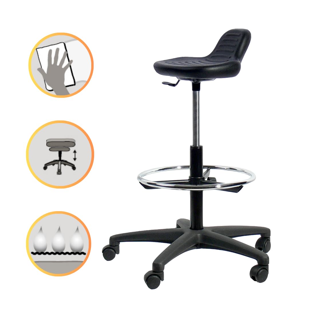 Topsit Taburete giratorio IND04 de poliuretano, taburete con soporte de pie, altura regulable y fácil de limpiar, base estable con anillo de metal.