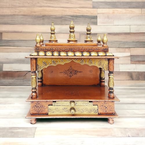 Image of Wood Pooja Mandir Temple for Home Handicraft Hindu Pooja Ghar Mandap for Worship Copper Gold Painted Home Wall Decor Shrine