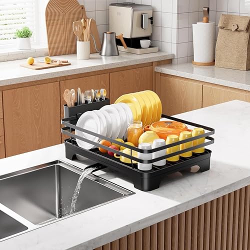 Image of HOMIFLY Utensils Drying Rack /Dish Drying Rack with Drainer Tray /Anti Rust, Smart Drainage System Drainboard with Detachable Cutlery Holder /Kitchen Vessels Organizer & Water Utensils Basket (Black)