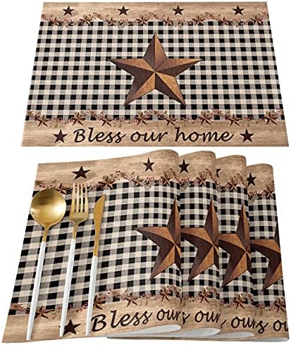 Placemats for Dining Table Set of 6 Western Texas Star and Primitive Berries Country Wooden Plank Table Mats for Home Kitchen Restaurant Independence Day Party Decoration,Washable