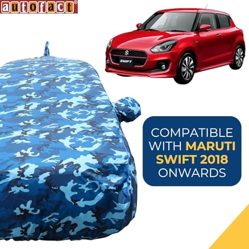 Image of Autofact 100% Waterproof Car Body Cover Compatible with Maruti Swift (2018 to 2023), with Mirror and Antenna Pockets,4x4 American Matty, Long Lasting Durable Material, Camouflage Airforce Look