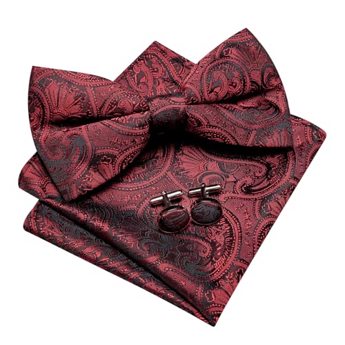 Image of YOHOWA Mens Bow Tie Set Paisley Pre-tied Bowties Adjustable with Handkerchief Cufflinks Gold Ring Set Wedding Prom Party