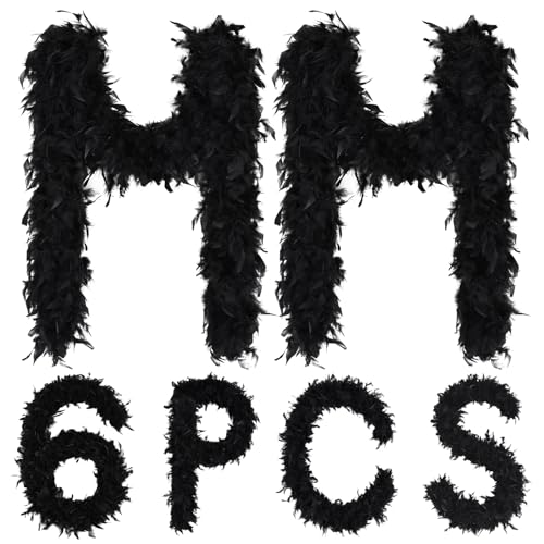 Easter Boa Deco 6Pcs Feather Boas Bulk 45g 2 Yards Each for Mardi Gras Costume Dance Performance Party Decorations Masquerade Soft Fluffy Feather GarlandBlack
