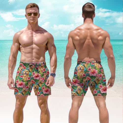 Golden Dog Men's Swim Trunks - Hawaiian Dachshund Mens Swim Trunks with Mesh Lining Swimwear Bathing Suits Set 033
