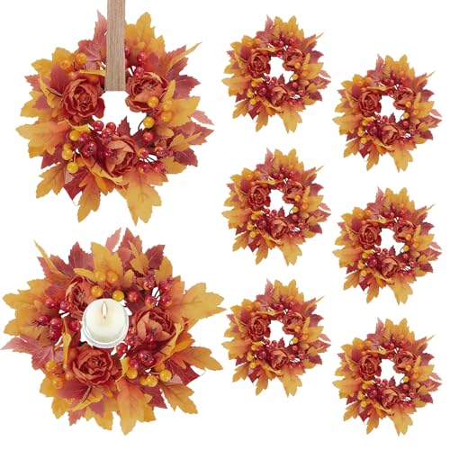 Tupetcs Mini Fall Wreath, 9.8 inch Small Autumn Maple Leaves Wreath for Home Front Door Porch Table Centerpieces Candle Rings Wall Window Cabinets Farmhouse Decorations (6)