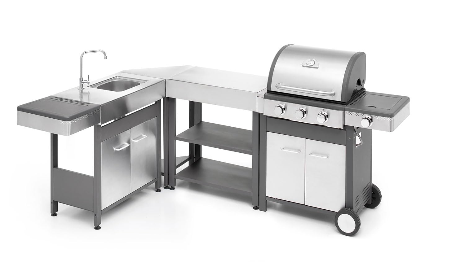 Barbecue à gaz professionnel de jardin en acier inoxydable avec cuisinière latérale, thermomètre, grille en fonte émaillée, chariot avec armoire (3 brûleurs (P 58 x L 126 cm x H115,5 cm))