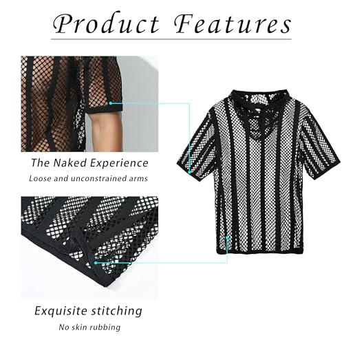 mens sexy mesh top rave see through shirt men black sheer top fishnet hoodie Sexy Club Party Wear4