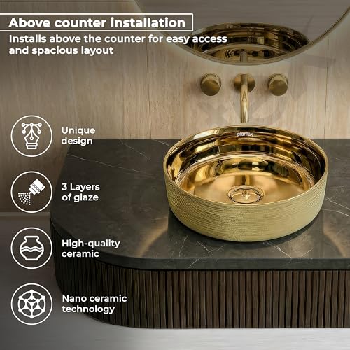 Image of Plantex Ceramic Washbasin /Tabletop Wash Basin /Countertop Vessel Sink for Bathroom /Livingroom Decor - Indo-European Collection (Gold -14.4 x 14.4 x 5 Inch)