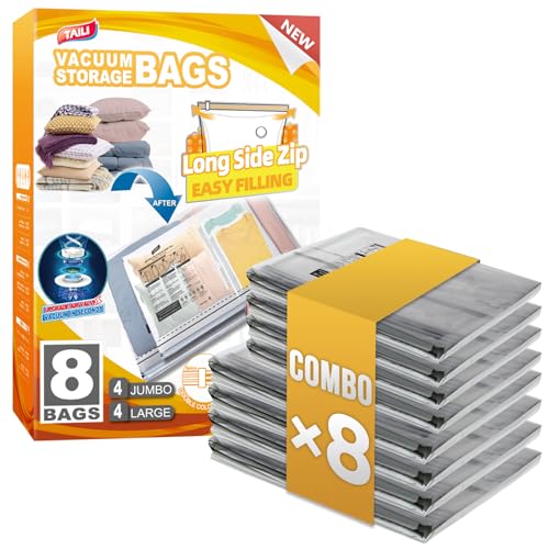 Image of TAILI 8 Pack Vacuum Storage Bags, 2 Size Combo(4 Large+4 Jumbo), Clear