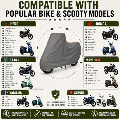 Image of Pivalo 100% Waterproof (Tested) Bike Body Cover for All Scooty & Scooters | Multi-Layer Dustproof & UV Protected | All Weather Protection Two Wheeler Motorcycle Cover (L, Grey)