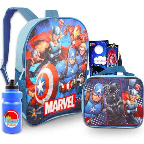 Avengers Backpack with Lunch Bag Set - Bundle with 16” Superhero Backpack, Lunch Box, Water Bottle, Bookmark, More | Marvel School Supplies for Kids
