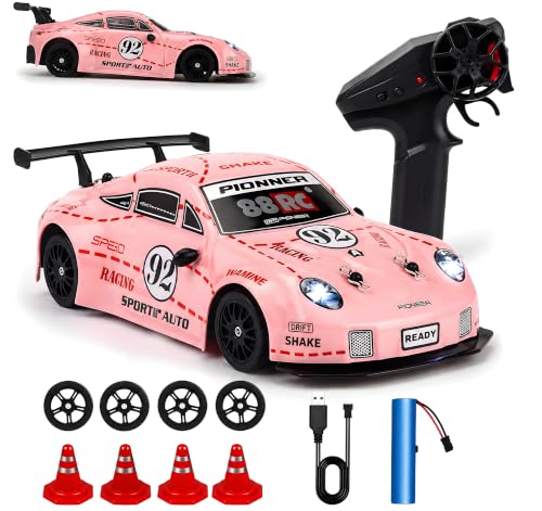 Image of Cable World RC Drift Car for Kids, 2.4GHz Remote Control Car, 4WD Dual Motor, Unbreakable PVC Body, High Speed, 80+ Feet Range, LED Lights, Rechargeable Battery, Extra Drift & Racing Tyres - Pink