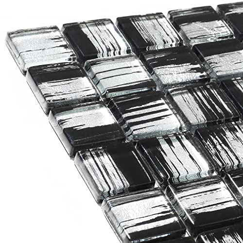 Parrotile Silver Glass Tile, 7/8 Inch Squared Black Glass Mosaic Tiles, 12X12 Inch Per Sheet Mesh Mounted, Mosaic Glass Tile For Kitchen Bath Shower Accent Wall Backsplash (Pack Of 5 Sheets) #TOP2