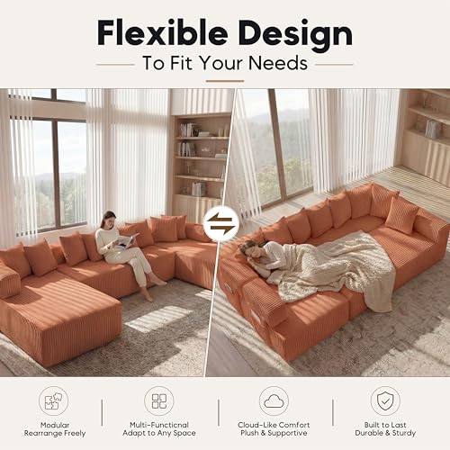 Image of Oversized Cloud Boneless Couch with Chaise, 146 inch Modern U Shape Modular Deep Seat Sectional Sofa, Comfy Corduroy Upholstered Couches for Living Room, No Assembly Required-Burnt Orange