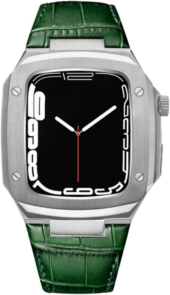 Leather Watch Band Compatible with Apple Watch Band Series 41mm 44mm 45mm, Men‘s Luxury Genuine Leather Watch Band and Stainless Steel Protective Case for iWatch Women