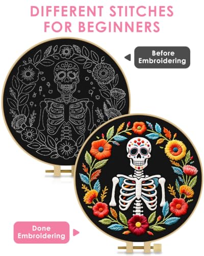 Image of TINDTOP Embroidery Kit for Adult Beginners, Embroidery DIY Starter Kit, with Stamped Patterns, Hoop, Tools, Colorful Threads with Needles, Instructions (Skeleton A)