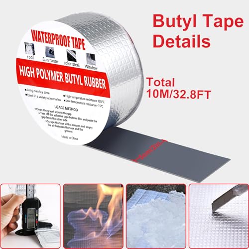 wordmouk 5cm x 10m Butyl Tape Waterproof Sealing Tape Aluminum Foil Tape Sealan Tape Repair Tape for Room Leaks Window Silicone and Pipe Sealing Glass and Rubber Roof Crack Patching Silver - Image 2