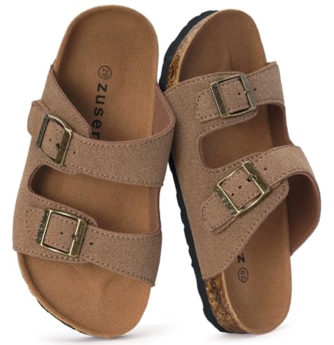 Image of ZUSERIS Kids Toddler Sandals Boys Girls Summer Slides | Soft Cork Footbed, Non-slip,Adjustable Straps,Comfort Suede Leather,Lightweight