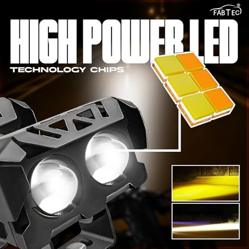 Image of FABTEC 2 Led Mini Drive Fog Lights White, Yellow Combo + Flasher Dual Led Bike Projector Fog Light, Bikes Scooty and Motorcycle with On /Off Switch (Set of 2)